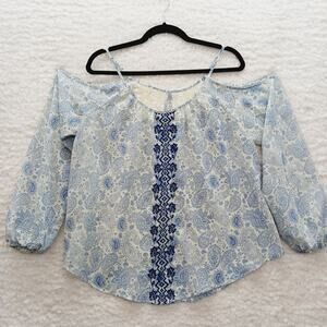 Blouse Size L Blue Paisley Lace Embroidered Boho Peasant Whimsycore Cottagecore